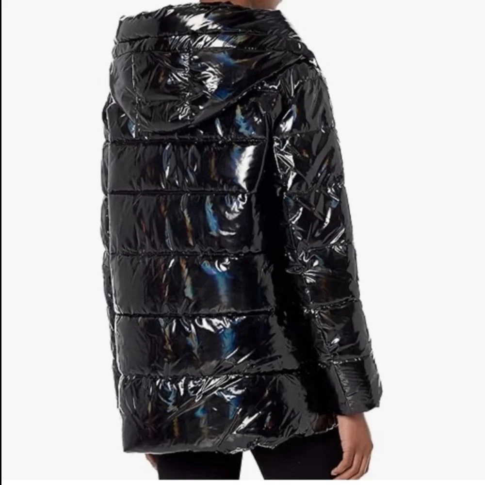 $320 DKNY Women's Water Resistant Patent Leather Glossy Puffer Jacket Black L